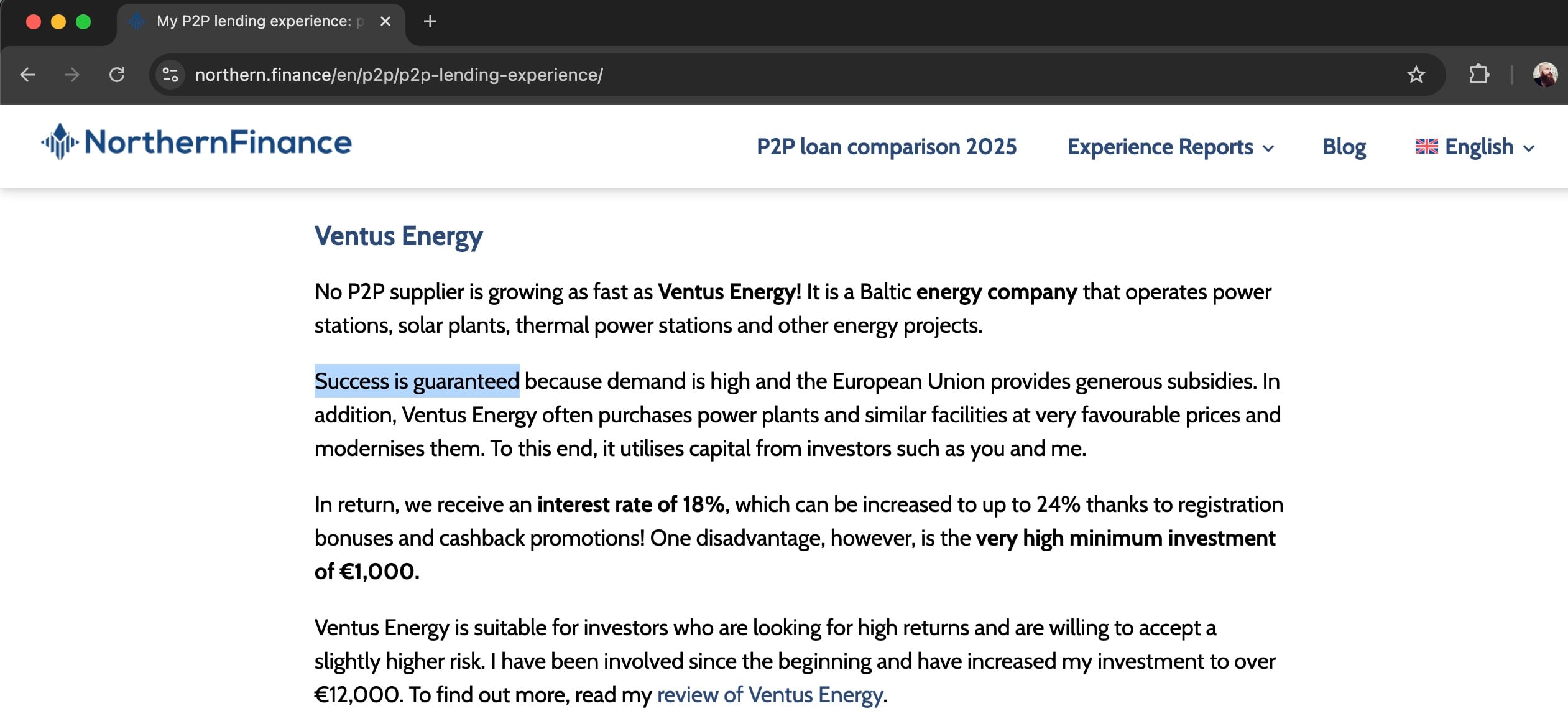 Screenshot of Northern Finance showing quote about Ventus that says success is guaranteed.