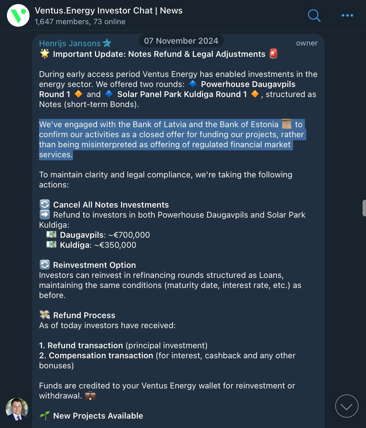 Screenshot of Telegram message by Ventus CEO mentioning an encounter with Bank of Latvia and Bank of Estonia.