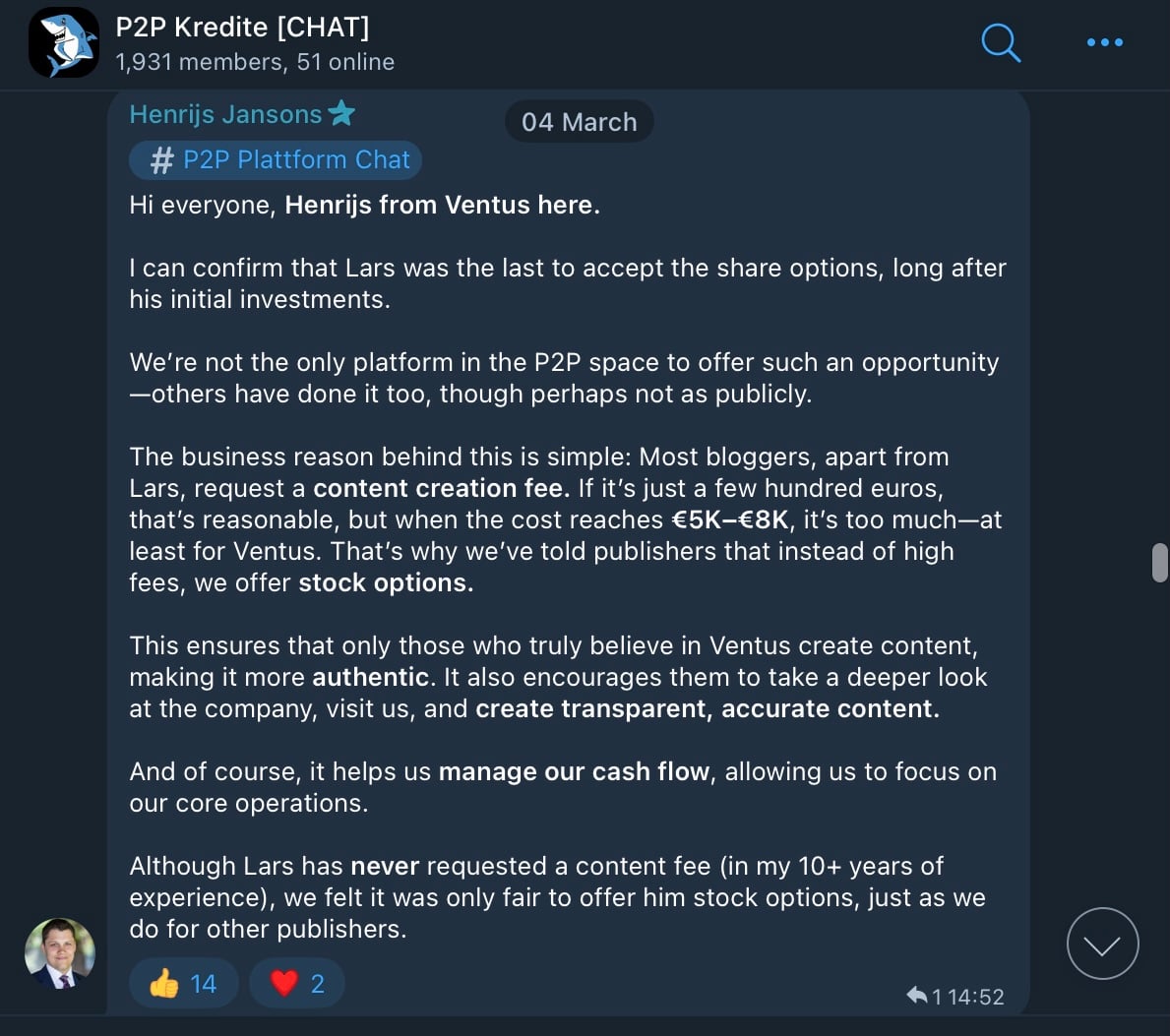 Screenshot of Telegram message by Ventus CEO Jenrijs Jansons confirming that Ventu paid stock options for content.