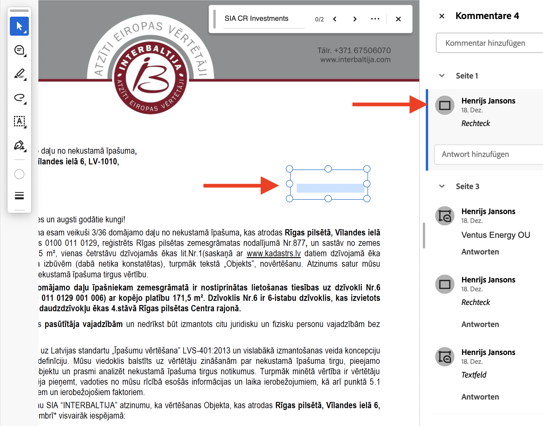 Screenshot of valuation document for Vilandes 6-6 that shows it was manipulated by Ventus CEO Henrijs Jansons