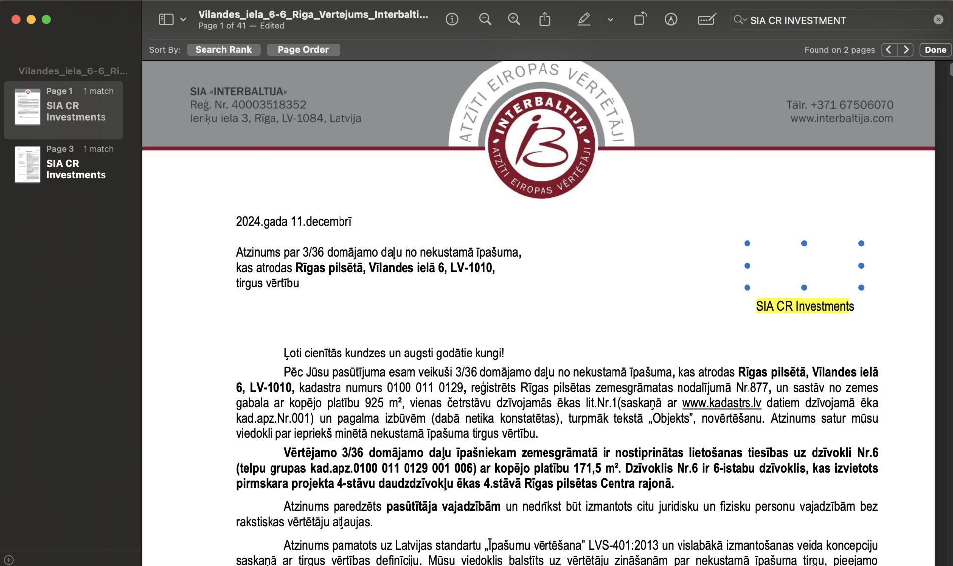 Screenshot of valuation document for Vilandes 6-6 that shows it was manipulated by Ventus CEO Henrijs Jansons